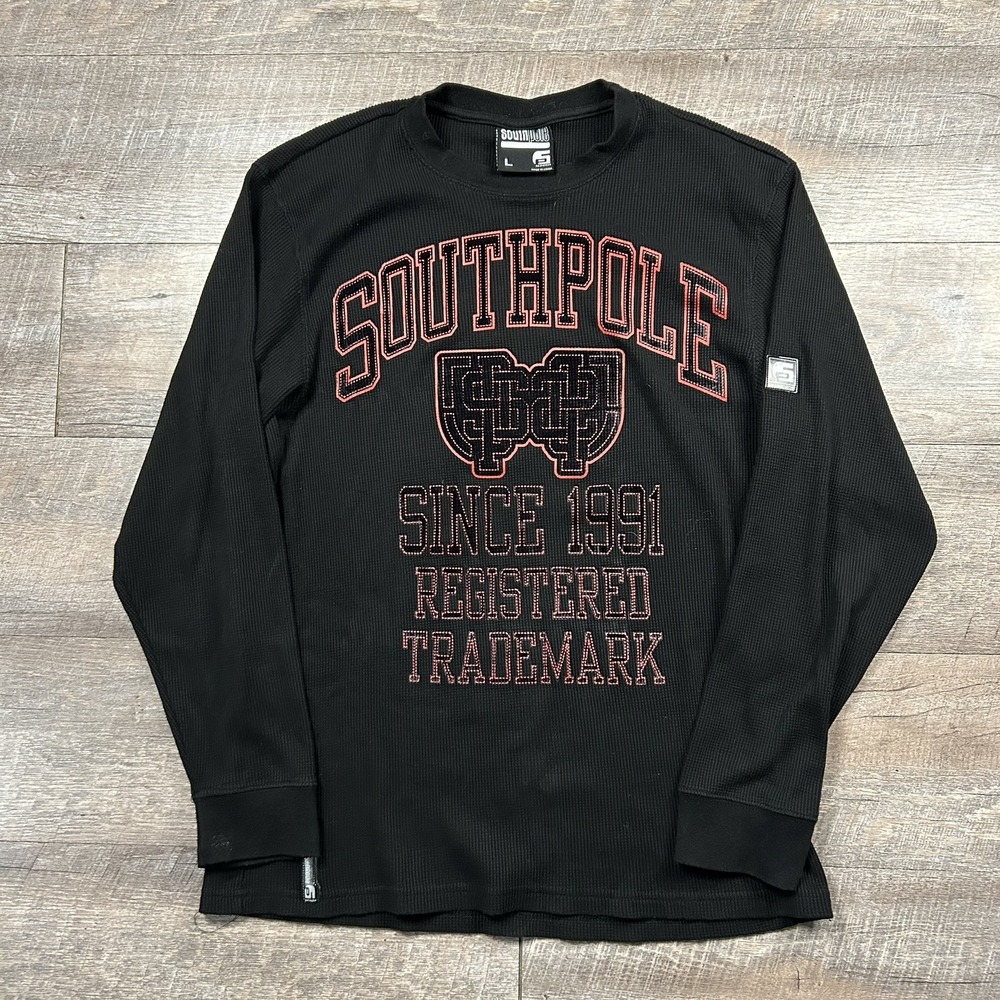 Southpole Thermal Shirt Men Large Black Waffle Knit Long Sleeve Logo Casual Y2K